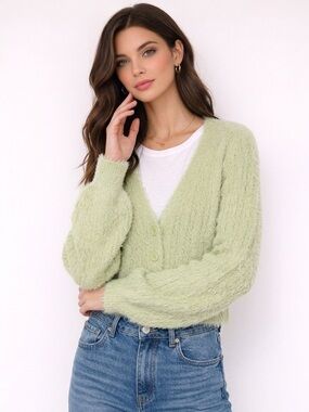 Garage Light Green Fuzzy Crop Crew Neck Sweater